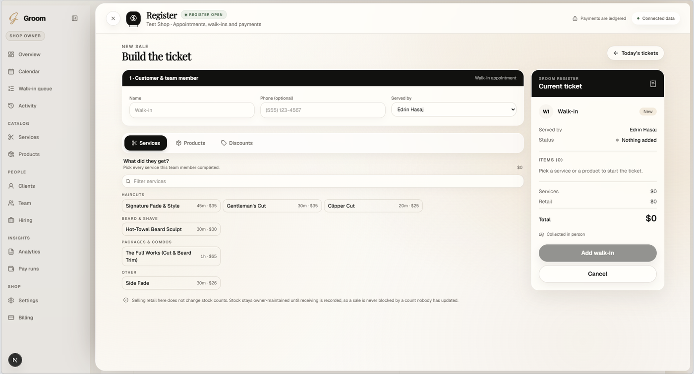 Groom Register ready to create a walk-in ticket.